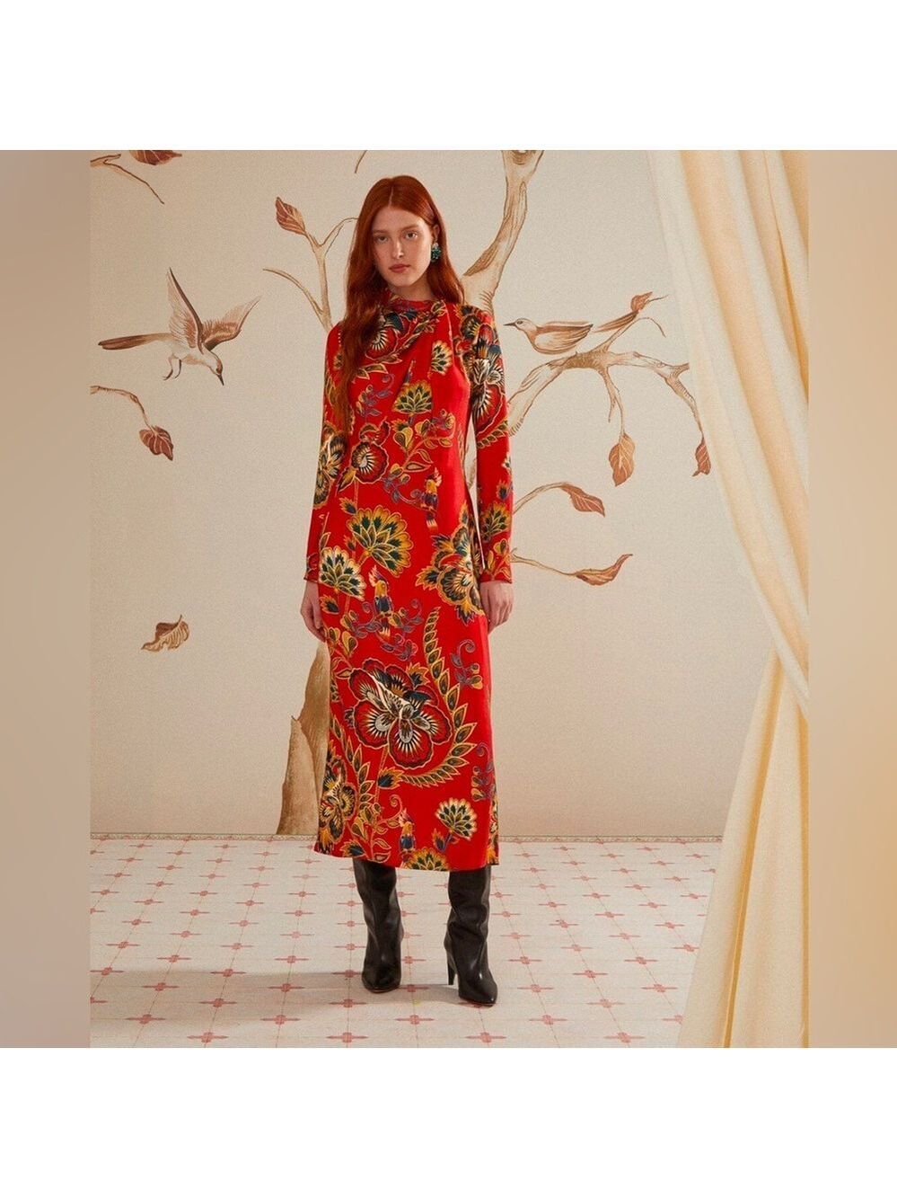Farm Rio Red Maxi Floral Cutout Midi Dress
